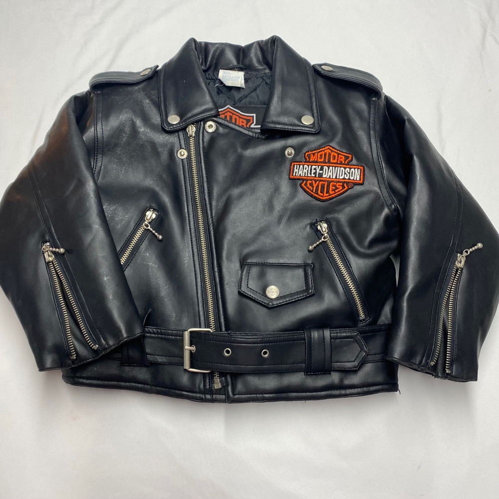 Harley-Davidson Kids Black Faux Leather Biker Jacket Embroidered Size 6